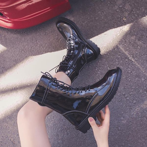 

rock shoes woman rubber boots round toe luxury designer boots-women lace up rain fashion 2020 ladies mid calf med riding autumn, Black