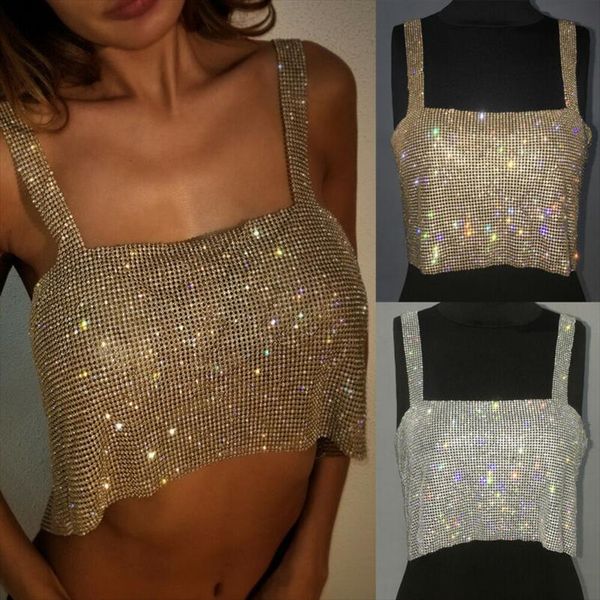 

adjustable tees club women party tank metal mesh strap sheath draped spark diamonds neck halter backless pullover 2019, White