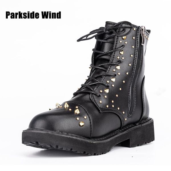 

boots parkside wind women flat shoes metal rivets mid ankle female zipper lace up fashion 2021 autumn winter, Black