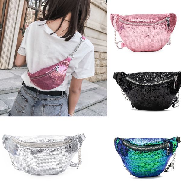 

50pcs single zipper sequin waist bag women pu glitter purse fanny packs cosmetic makeup bag