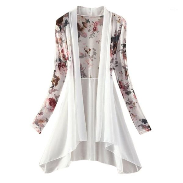 

autumn women long chiffon blouse shirts women's cardigan sunscreen shirts floral print ladies blouses outwear 1, White