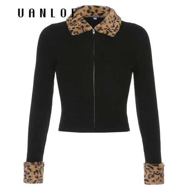 

vanloe leopard fur trim collar patchwork cardigan women rib knitted aesthetic jackets zip up streetwear autumn winter outerwear, Black;brown