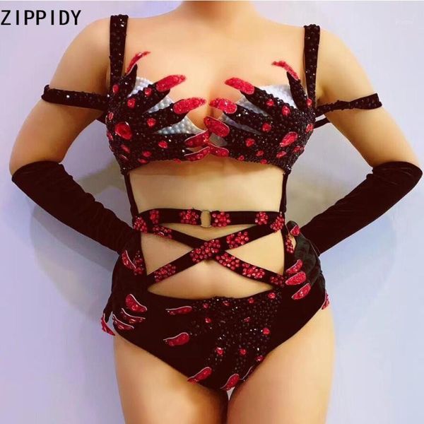 

red black rhinestones hand finger pattern velvet bodysuit gloves women dancer bar show wear bandage bikini outfit set1, Black;red
