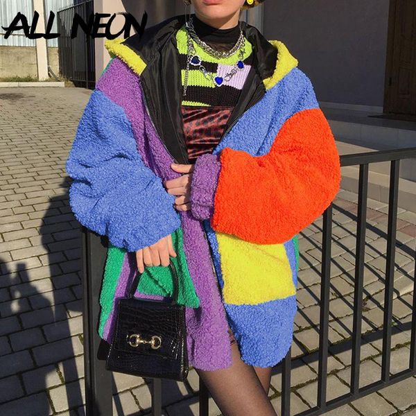 

allneon y2k fashion rave festival oversized fake lambswool coats autumn winter vintage long sleeve colorful oversized outerwear, Black
