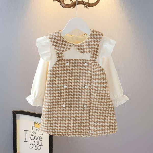 

girl's thousand bird lattice drs autumn and winter 2020 plush princs baby's wtern sle fake two piece strap skirt korean version, Red;yellow