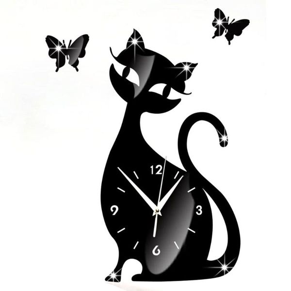

wall clocks 2021 arrival 1pcs 35x32cm cute cat mirror black clock modern design home decor watch sticker d30jl27