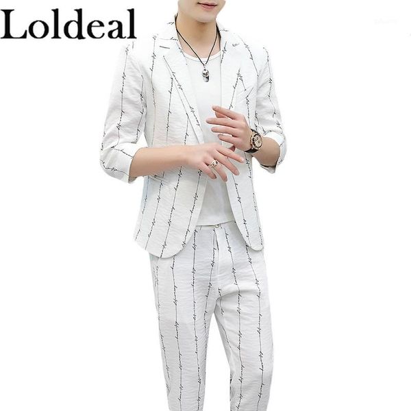 

loldeal medium-sleeved suit set men's slim letter striped batik one button blazer + long pants1, White;black