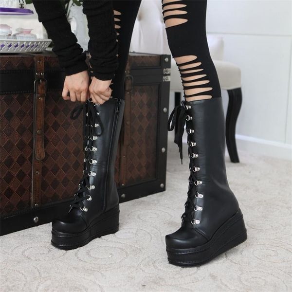

karinluna big size 31-49 fashion punk cosplay boots woman shoes platform winter wedge shoes women high heel knee high boots y200723, Black