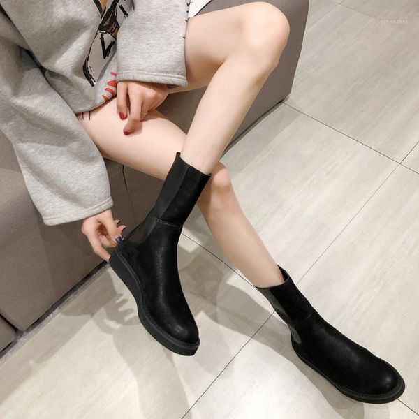 

boots nubuck women flat heels back zipper mid-calf botines slim cool girl fashion knight botas comfy femme shoes creepers1, Black