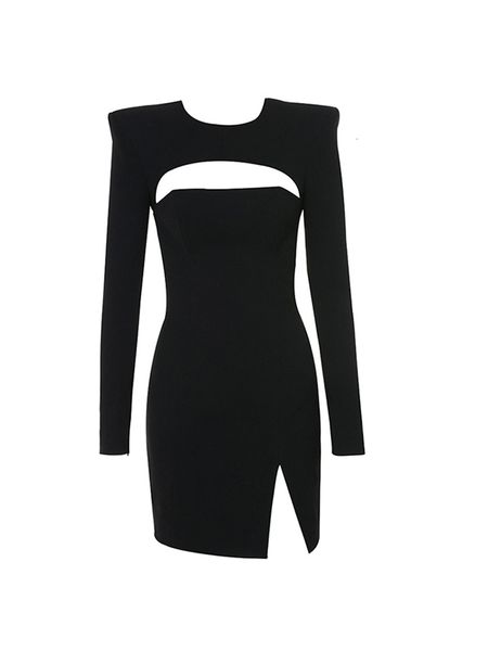 

2021 new recommend long-breasted hollow sleeve out mini black divide ladies'dresses high street elastic fashion party dress 3xm8, Black;gray