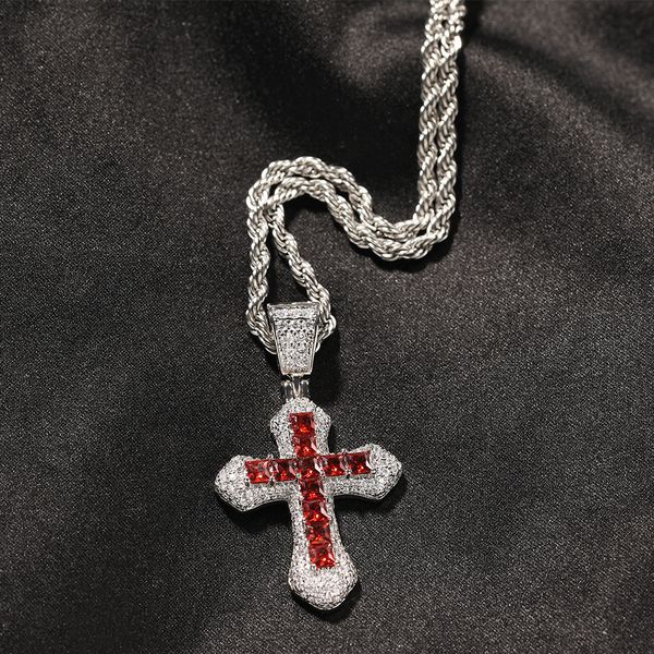 

blue red zircon cross necklace fashion mens gold necklace hip hop iced out pendant necklaces jewelry, Silver