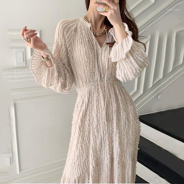 

wavsiyier korean style spring autumn dress women long flare sleeve loose dresses vintage a-line 2021 party elegant lace vestido1, Black;gray