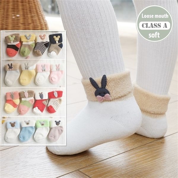 

3 pairs/lot baby terry cartoon long tube flanging plush thick autumn winter newborn children cotton socks y201009, Pink;yellow