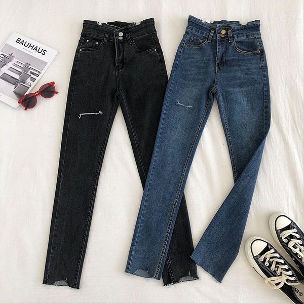 

new fashion pencil pants women denim skinny high waist trousers stretch broken hole jeans pants with zipper1, Blue