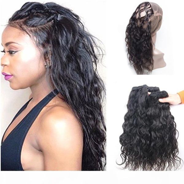

360 lace frontal with bundles peruvian virgin hair water wave with closure wet and wavy human hair 360 lace band frontal with bundles, Black;brown