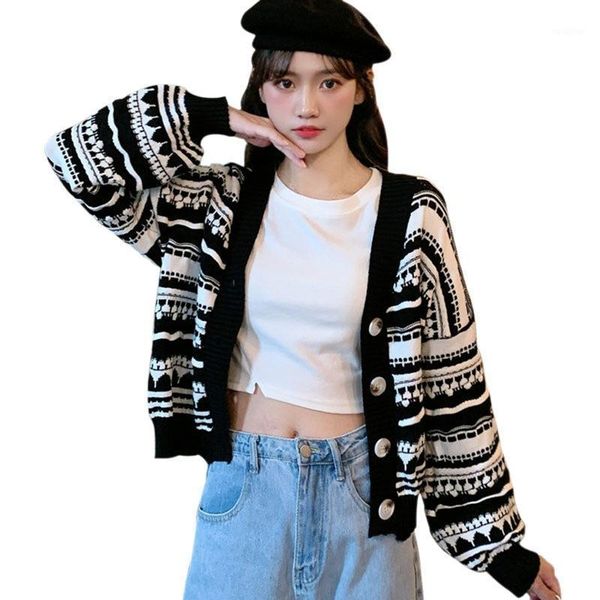 

2021 korean v-neck stripe casual short knit long sleeve cardigan jacket size1, Black;brown