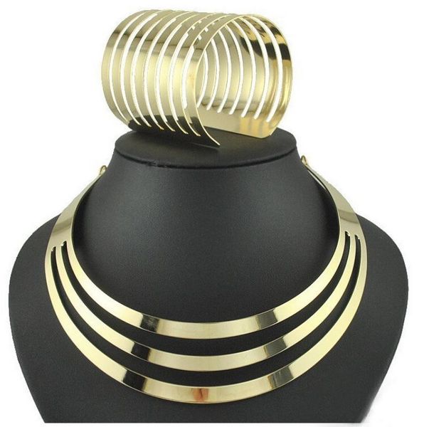 

new fashion gold color plating punk big wide open necklace hollow out geometric pulseiras de ouro jewelry sets, Silver