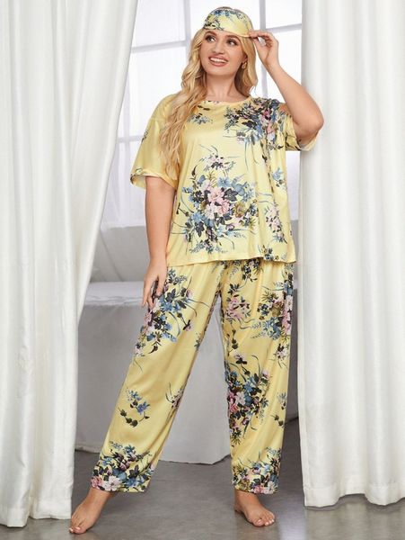 

plus floral print pajama set with eye cover b0yx#, Black;white