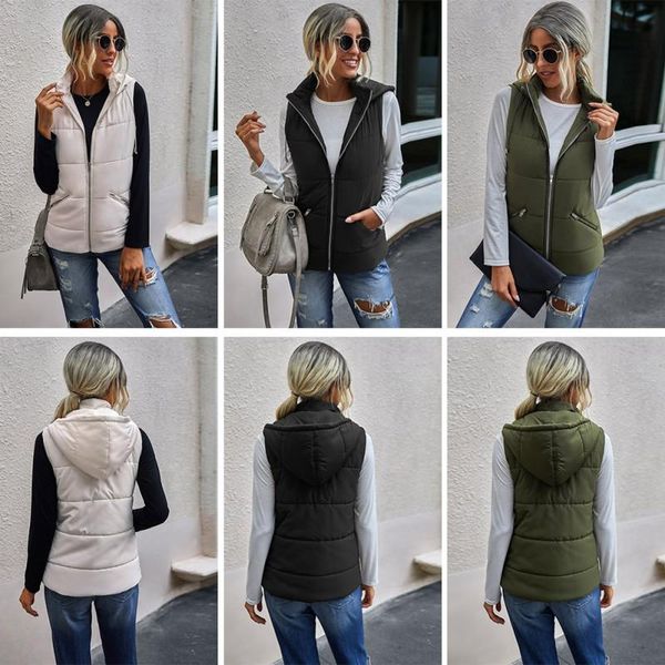 

women's vests fall/winter fashion zipper pocket hooded slim thick women's vest jacket, Black;white