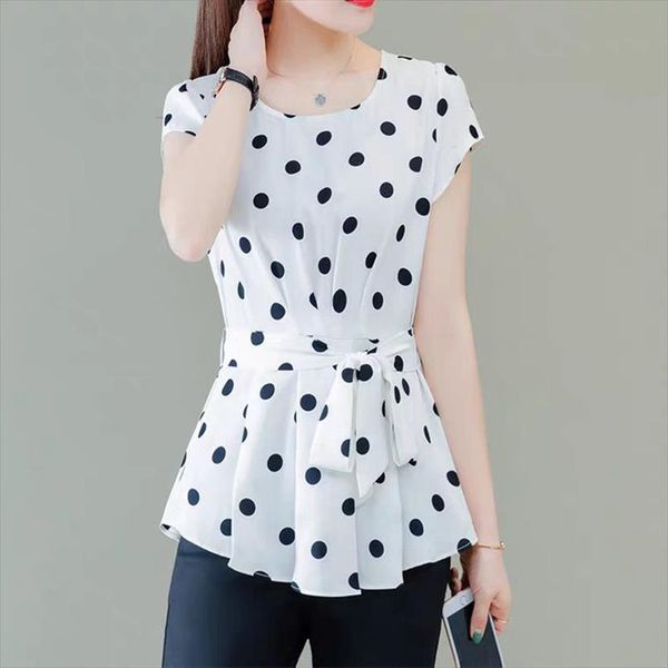 

women spring summer style chiffon blouses shirt lady casual short sleeve o neck solid polka dot womens casual df3504, White