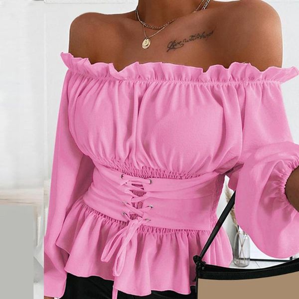 

women autumn casual solid color long sleeve ruffled hem off shoulder blouse, White