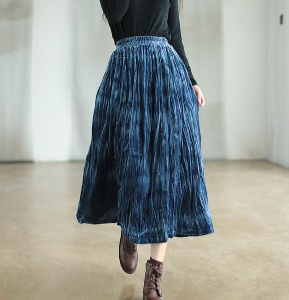 

skirts autumn pleated women solid color retro loose elastic waist clothing office lady wild, Black