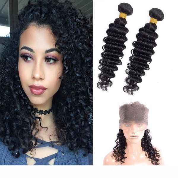 

indian virgin hair 2 bundles with 360 lace frontal adjustable band deep wave bundles with 360 frontal 8-28inch baby hair, Black;brown