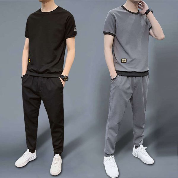 

casual suit korean trend with cool sportswear ice thin summer two piece men's wear, Gray