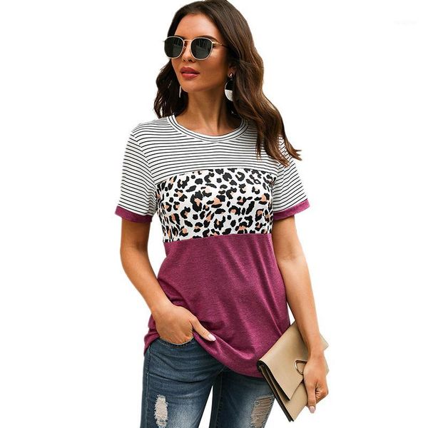 

women's leopard print casual summer short sleeve striped shirts purple red m1, White