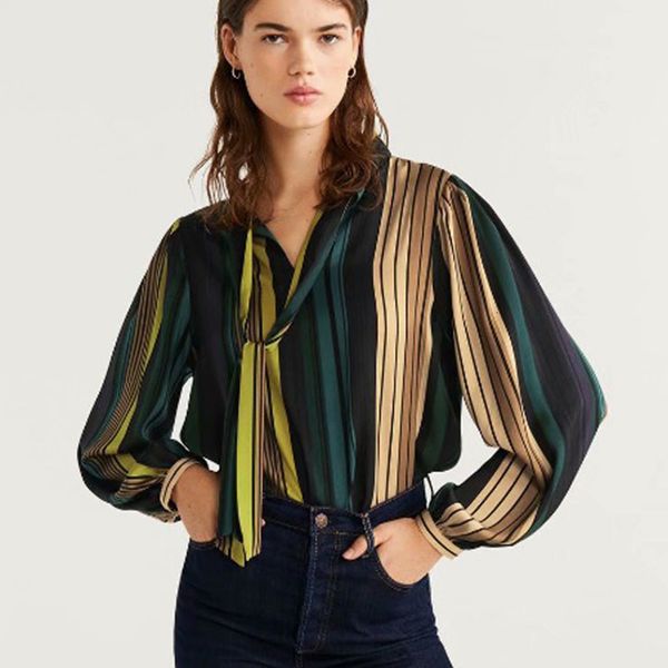 

2021 new women spring autumn striped printed bow collar office lady fashion long sleeves color mixing causal outerwear scw9, White
