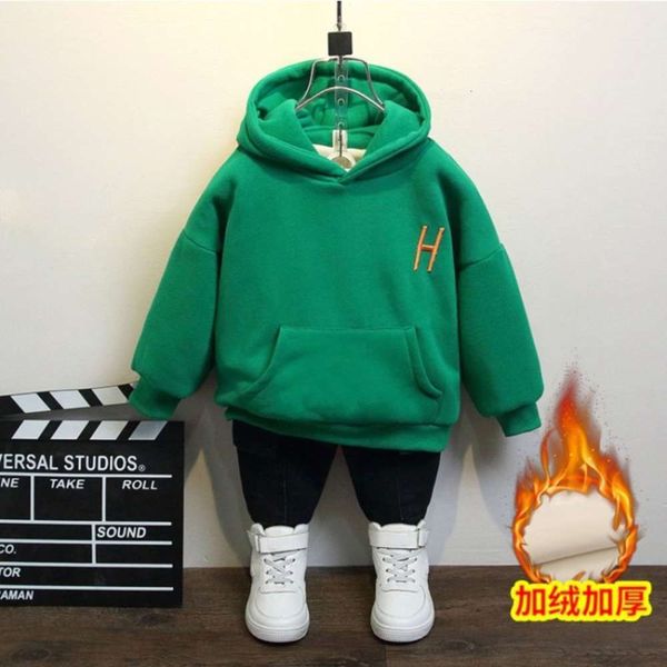 

new boys' plush hooded letter winter middle and big children's korean pullover solid color sweater, Black