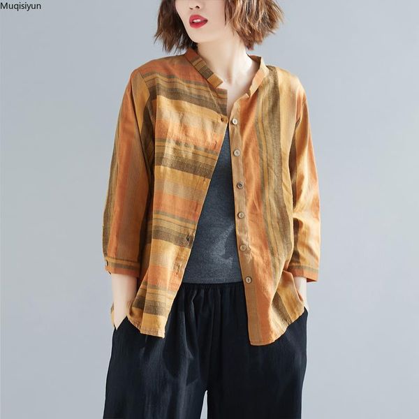 

plus size women blouse shirts lady linen striped vintage loose female clothes spring summer casual cardigan s3243, White