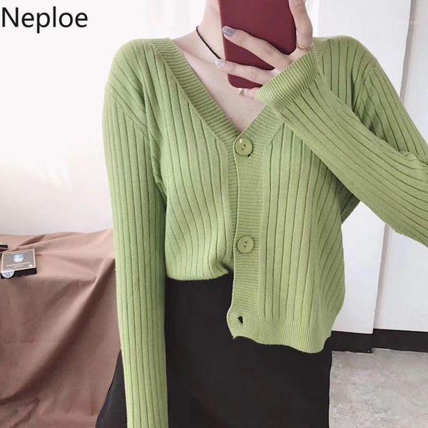 

neploe knitted short cardigan coat single breasted v-neck long sleeve knitwear 2020 new korean solid sweater jacket 4b6671, White