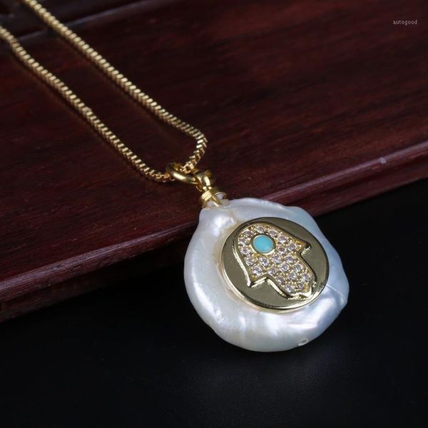 

chokers white cz hamsa fatima hand blue eye luck protection charm freshwater pearl bead dainty gold pendant choker necklace for women1, Golden;silver