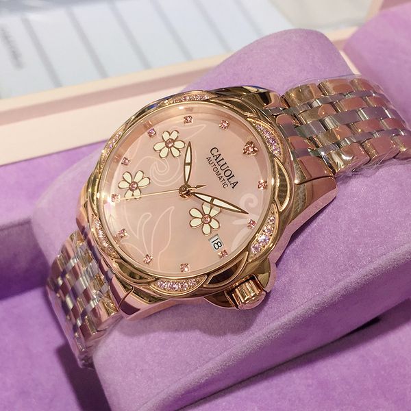 

caluola womens watch automatic mechanical watch belt ten genuine brand fashion waterproof simple womens watch fashion, Slivery;brown