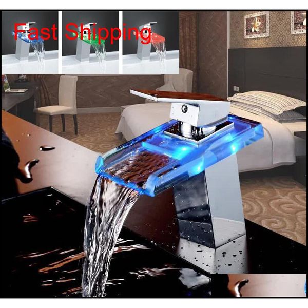 

led color changes glass waterfall basin faucet bathroom bath tub single handle sink mixer tap kitchen water faucet chrome finish qpzeb