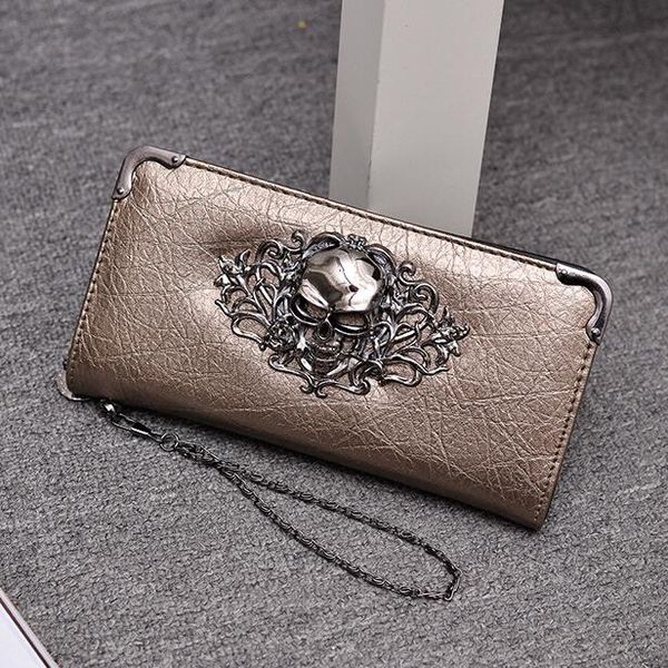 

women handbag street trend punk long wallet personalized rivet men and women wallets casual chain decorative leather wrist long wallet, Red;black
