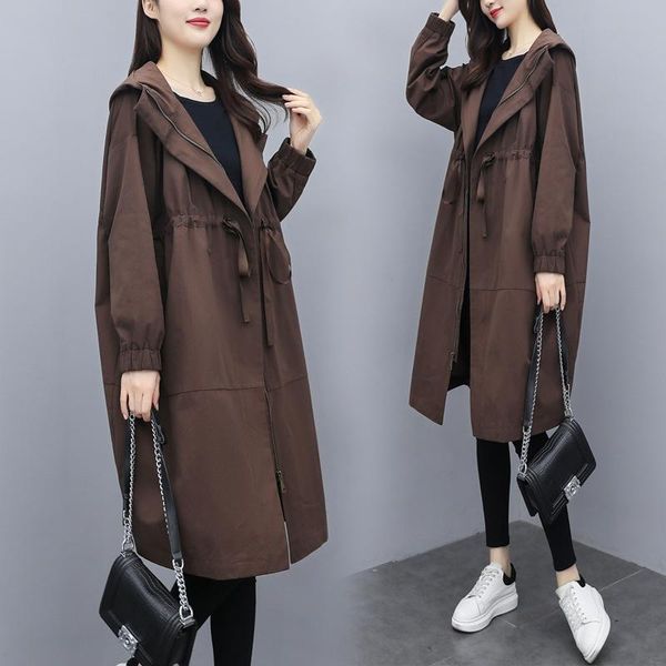 

2021 autumn new loose slimming large size mid-length over the knee hood casual fashion korean style trench coat for women, Tan;black