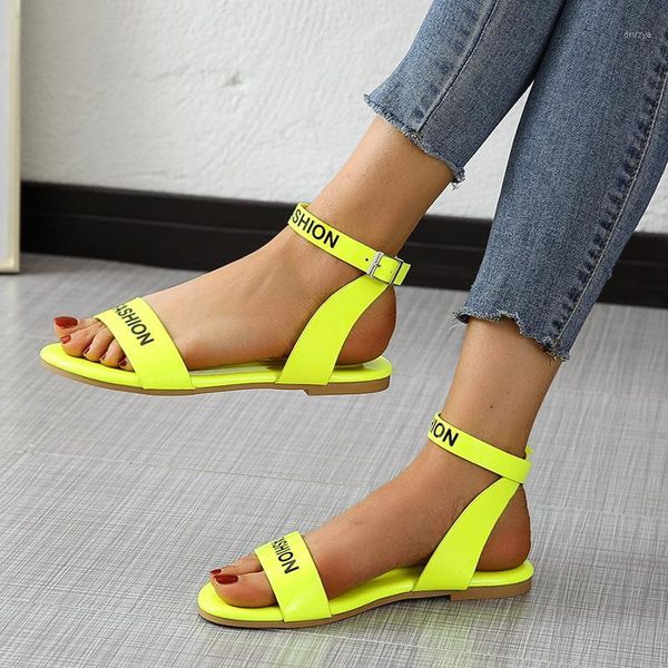 

women's summer flat sandals casual fluorescent green flat heel ladies sandals thin bottom artificial pu women's shoes plus size1, Black