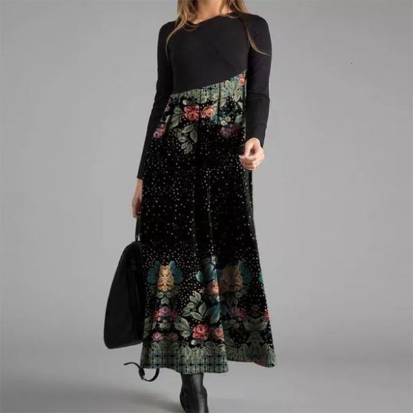 

2020 fashion maxi dress women elegant o-neck floral print autumn long sleeve patchwork trendy ropa mujer talla grande, Black;gray