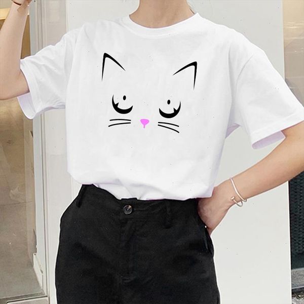 

cat face print funny womens t shirts short sleeve summer cut tees for women clothes korean style femme t shirts, White