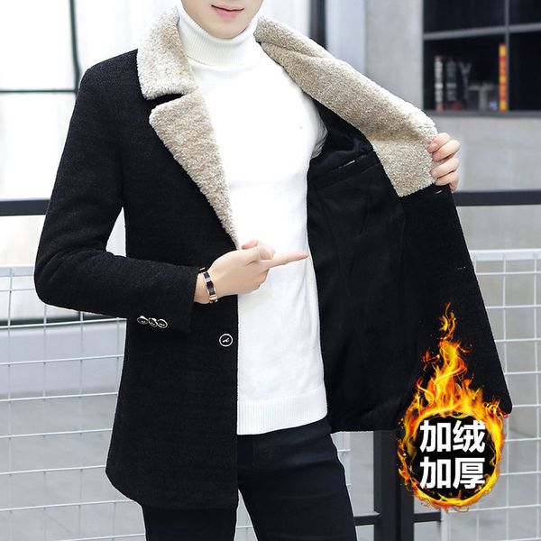 

plush thickened tweed coat jacket autumn and winter mid long korean windbreaker trend men's wear youth, Tan;black