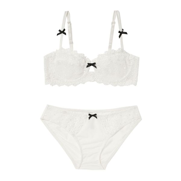 

foreign trade bra water-soluble embroidered half cup ultra-thin lace lingerie love bra set wholesale c1211, Black;white