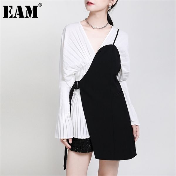 

[eam] women loose fit black irrgular bandage stitch vest v-collar sleeveless fashion spring autumn 2022 1da977 220117, Black;white