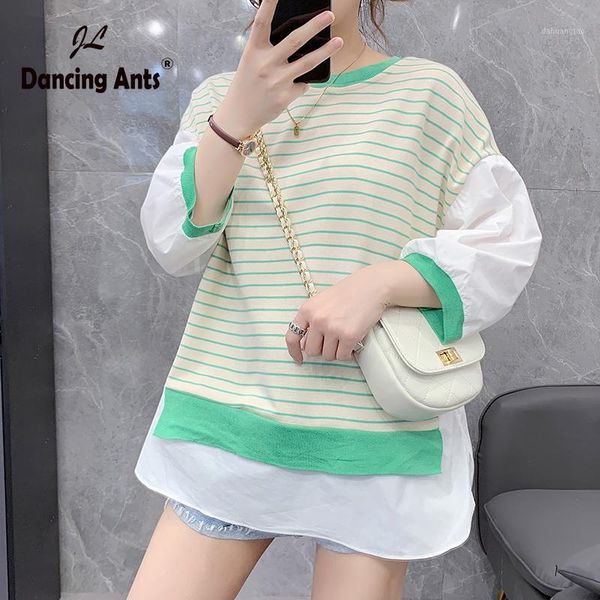 

summer o-neck woman hoodies women striped pullover long sleeve casual korean patchwork sweatshirt1, White