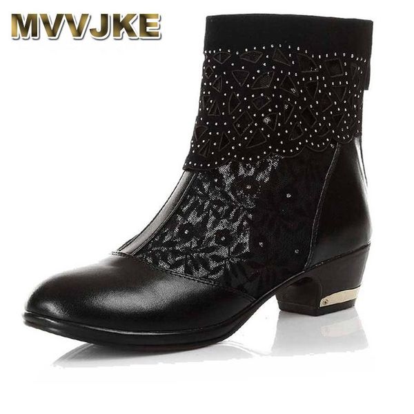 

boots mvvjk women genuine leather ankle lace summer square heel women's shoes, Black