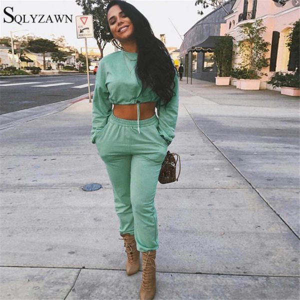 

european and american winter fashion new athletic style women's solid color drawstring loose sweater casual suit green gray size s-l, White