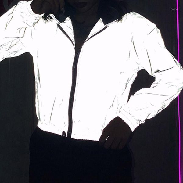 

reflective jacket hip hop streetwear fashion casual stand collar coat zippers 2020 spring women night shiny jackets coats1, Black;brown