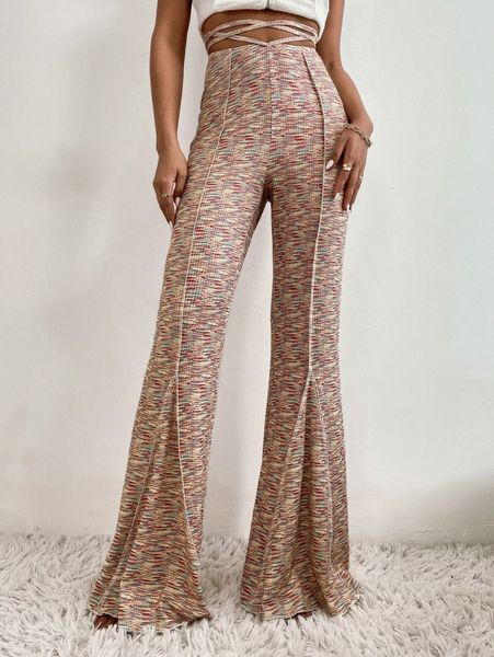 

space dye criss cross tie back flare leg pants p7rv#, Black;white