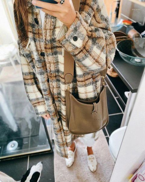 

women wool blend contrast long style jacket coat - ladies casual gingham checkered outerwear, Black